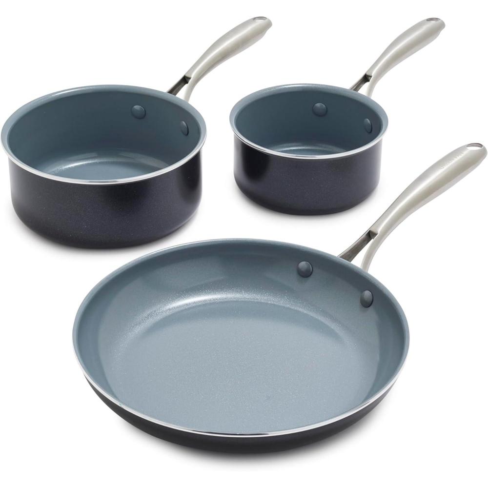 GreenPan Swift Healthy Ceramic Nonstick 10 Frying Pan Skillet, and 1QT & 2QT Saucepan Set, Stainless Steel Handle, PFAS & PFOA-Free, Dishwasher Safe, Oven Safe, Black and Gray(Black and Gray)