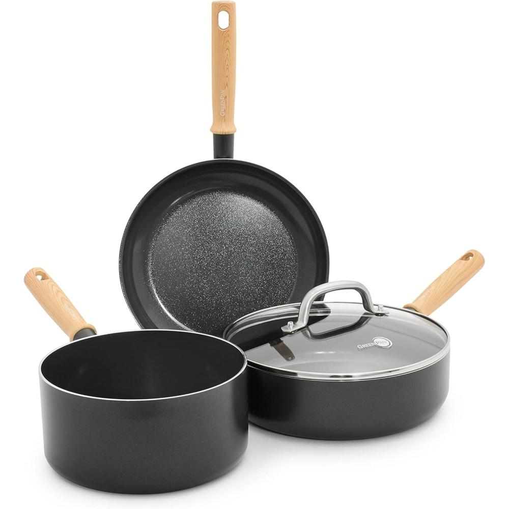 GreenPan Hudson Healthy Ceramic Nonstick, 4 Piece Cookware Pots and Pans Set, Vintage Wood Inspired Handle, PFAS-Free, Dishwasher Safe, Black(Black)