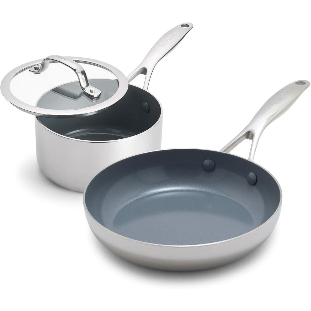 GreenPan Valencia Pro Stainless Steel 1.5QT Saucepan with Lid and 8 Frying Pan Skillet, Induction Mirrored Tri-Ply, Ceramic Nonstick PFAS-Free Coating, Induction, Dishwasher Safe, Oven &Broiler Safe(Stainless Steel)