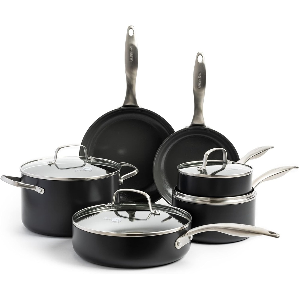 GreenPan Canterbury Hard Anodized Healthy Ceramic Nonstick, 10 Piece Cookware Pots and Pans Set, PFAS-Free, Dishwasher Safe, Oven Safe, Black(Black)