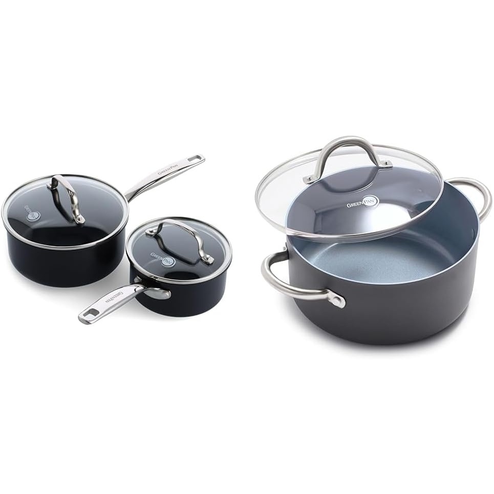 GreenPan Chatham Black Prime Midnight Hard Anodized Healthy Ceramic Nonstick & Lima Hard Anodized Healthy Ceramic Nonstick 5QT Stock Pot with Lid, PFAS-Free, Oven Safe