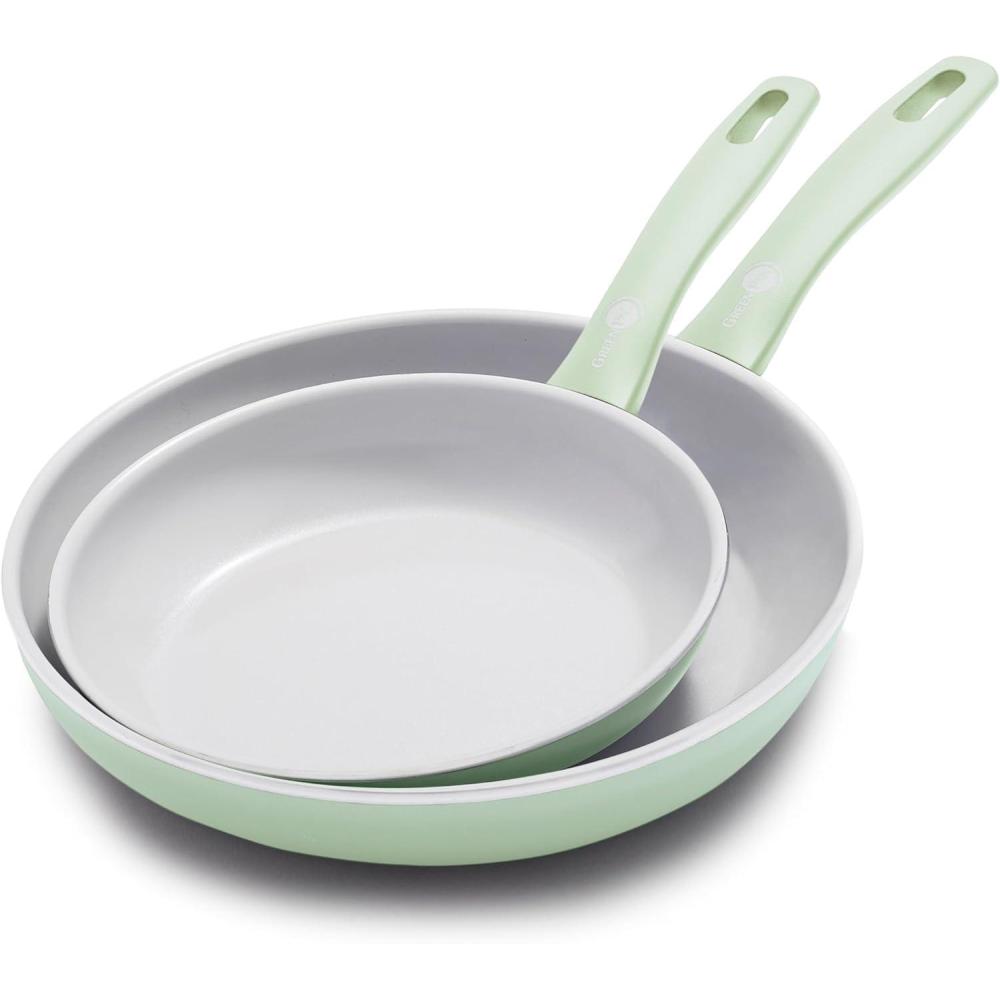 GreenPan Dover 8 10 2 Piece Frying Pan Skillet Set, Non-Toxic PFAS-Free Ceramic Nonstick Coating, Sear Saute Fry Egg Omlete, Dishwasher & Oven Safe, Stay Cool Handle, Easy Pour Rims, Cream White(Pastel Green)