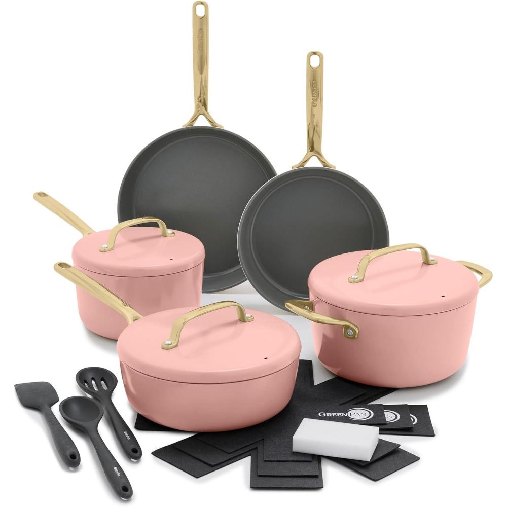 GreenPan GP5 Hard Anodized Healthy Ceramic Nonstick 14 Piece Cookware Pots and Pans Set, Induction, PFAS-Free, Heavy Gauge Stay-Flat Surface, Champagne Handles, Oven Safe, Rainforest Green(Dusty Rose)
