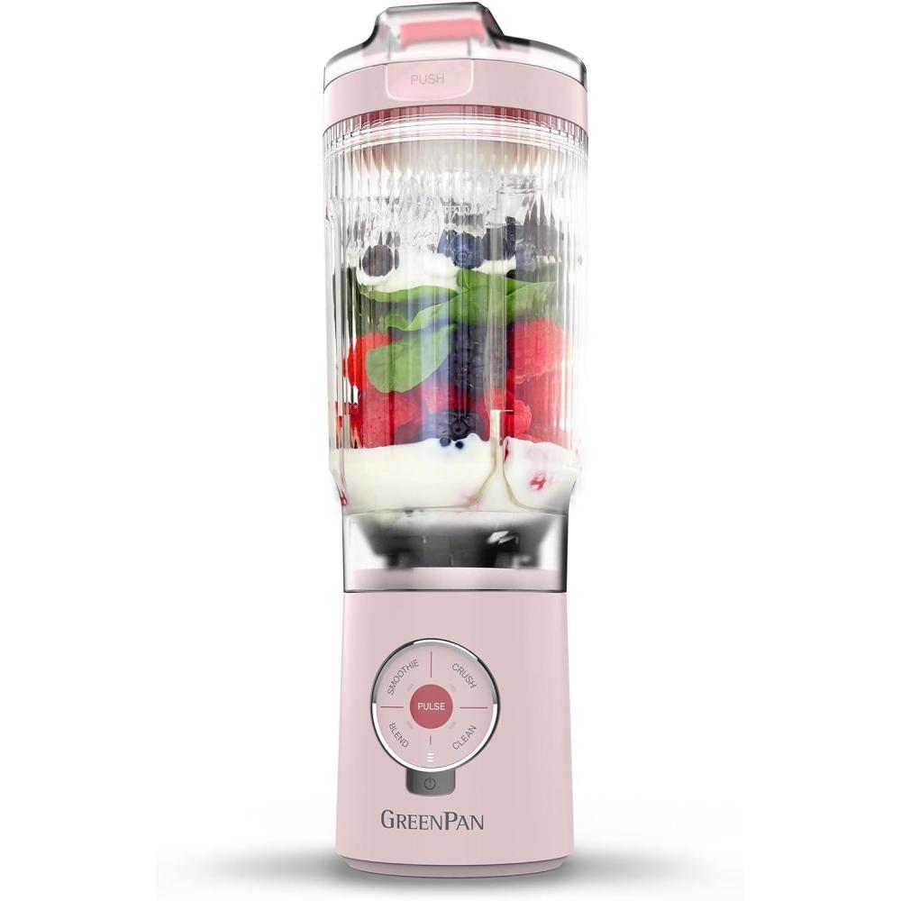 GreenPan Spin & Go Portable Blender, 24oz BPA-Free Cup, Self-Cleaning, Shakes Smoothies Juices, Crushed Ice & Frozen Fruits, Leakproof Lid, Fast Charge, Personal Handheld for Travel & Gym, Dove Gray(Pink)