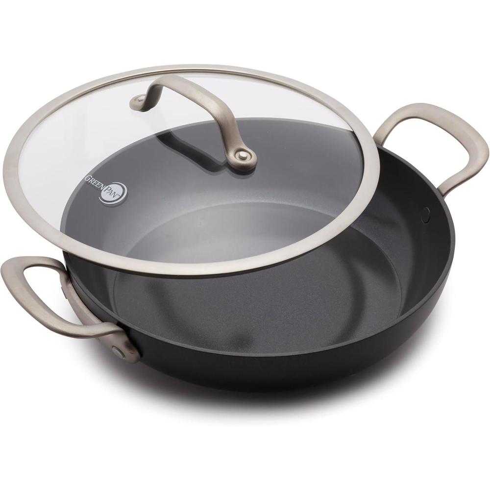 GreenPan Healthy Ceramic Nonstick 12″ Everyday Frying Pan with 2 Handles and Lid, PFAS-Free, Multi Clad, Induction, Dishwasher Safe, Oven Safe, Black