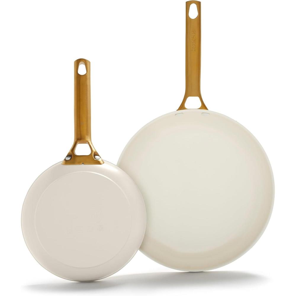GreenPan Hard Anodized Healthy Ceramic Nonstick 10″ and 12″ Frying Pan Skillet Set, Gold Handle, PFAS-Free, Dishwasher Safe, Oven Safe, Black(Cream White)