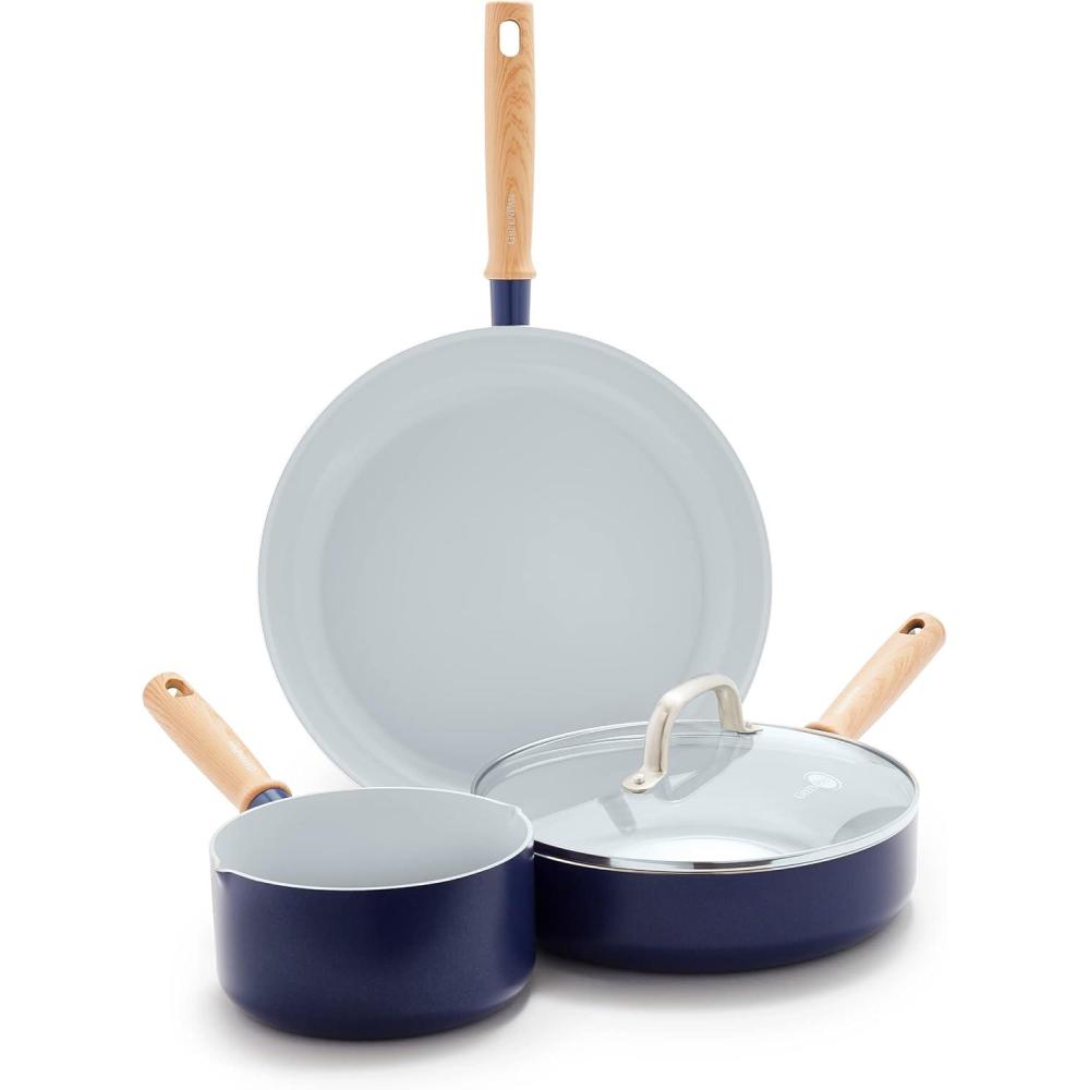GreenPan Hudson Healthy Ceramic Nonstick, 4 Piece Cookware Pots and Pans Set, Vintage Wood Inspired Handle, PFAS-Free, Dishwasher Safe, Black(Navy Blue)