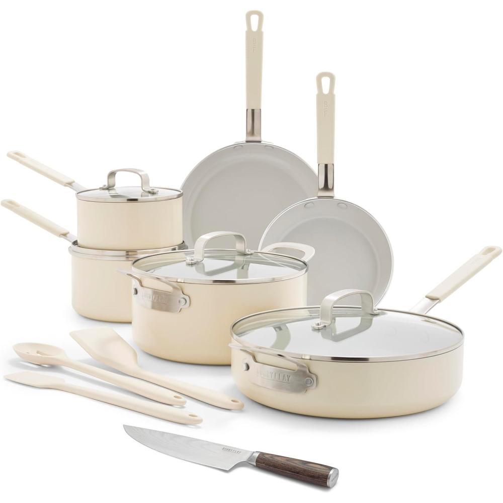 GreenPan x Bobby Flay 13 Piece Cookware Pots and Pans Set and 8″ Chef’s Knife. PFAS & PFOA-Free Ceramic Nonstick, Induction Suitable, Stay-Cool Silicone Handle, Dishwasher & Oven Safe, Cream