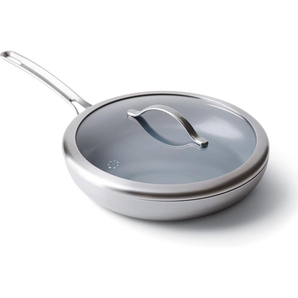 GreenPan x Food 52 Five Two Essentials: Carbon Steel 12″ Wok with Foldable Rack, PFAS-Free, Multi Clad, Induction, Dishwasher Safe, Oven Safe, Black(12″ Frying Pan Skillet)