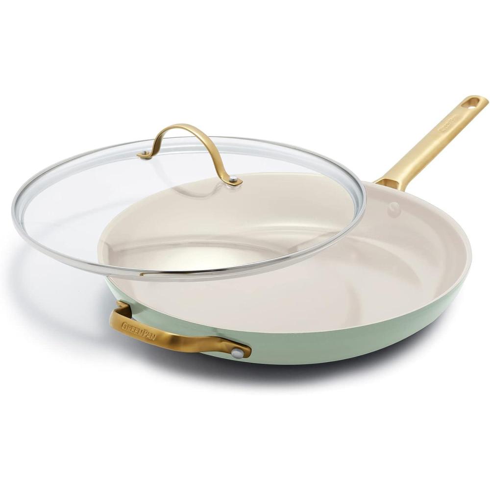 GreenPan Hard Anodized Healthy Ceramic Nonstick 12″ Frying Pan Skillet with Helper Handle and Lid, Gold Handle, PFAS-Free, Dishwasher Safe, Oven Safe, Julep Green(Julep)