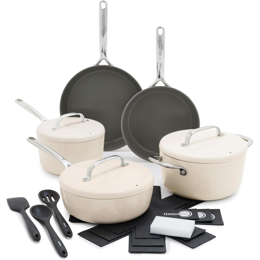 GreenPan GP5 Hard Anodized Healthy Ceramic Nonstick 14 Piece Cookware Pots and Pans Set, Induction, PFAS-Free, Heavy Gauge Stay-Flat Surface, Champagne Handles, Oven Safe, Rainforest Green(Cream)