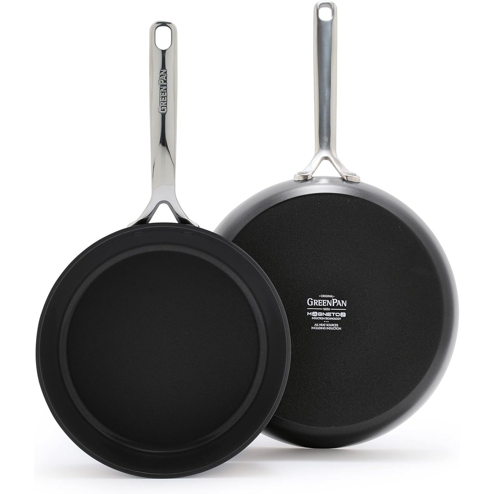 GreenPan GP5 Hard Anodized Healthy Ceramic Nonstick 10″ Frying Pan Skillet, Heavy Gauge Scratch Resistant, Stay Flat Surface, Induction, Mirror Finish Handle,Oven Safe, PFAS-Free, Black(9.5″ and 11″ Frying Pan Skillet Set)