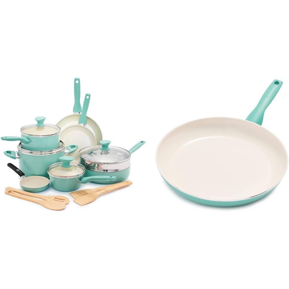GreenPan Rio Healthy Ceramic Nonstick, Cookware Pots and Pans Set, 16 Piece, Turquoise & Rio Healthy Ceramic Nonstick, Frying Pan, 12″, Turquoise