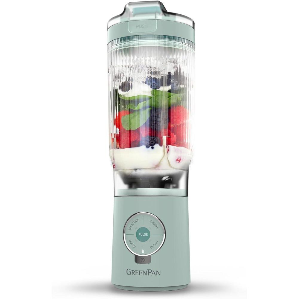 GreenPan Spin & Go Portable Blender, 24oz BPA-Free Cup, Self-Cleaning, Shakes Smoothies Juices, Crushed Ice & Frozen Fruits, Leakproof Lid, Fast Charge, Personal Handheld for Travel & Gym, Dove Gray(Ancona Blue)
