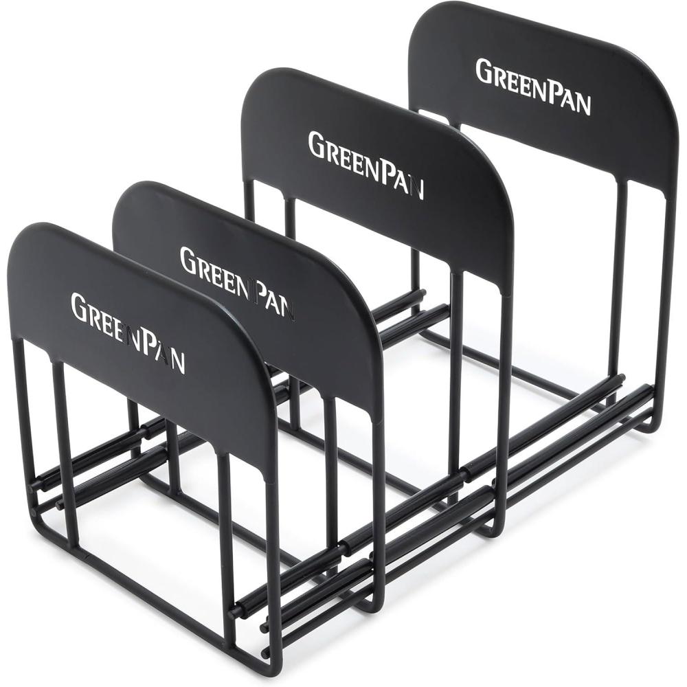 GreenPan Stainless Steel Wire Cookware Storage Rack, 5 Frying Pan Compartments, Countertop or Cabinent Organizer, Minimizes Clutter, Fast Drying, Wipes Clean, Black(Frying Pan Storage Rack)