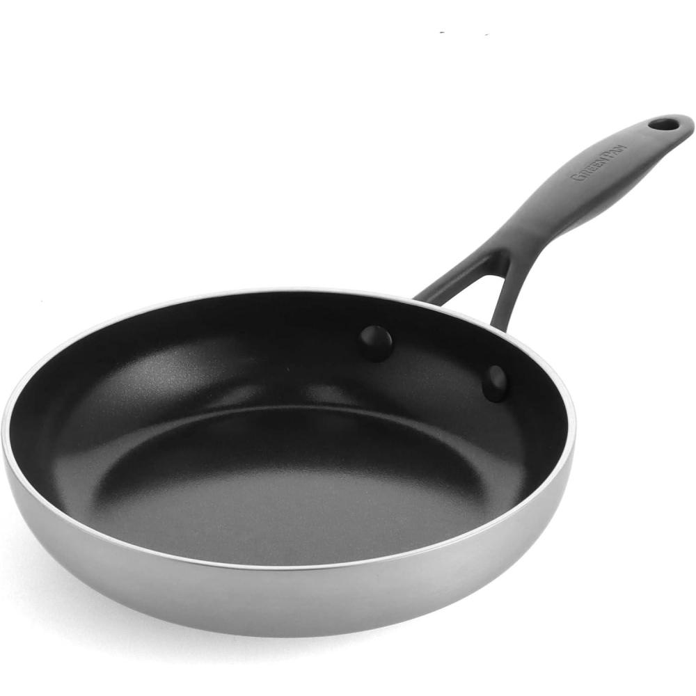 GreenPan Venice Pro Noir Tri-Ply Stainless Steel Healthy Ceramic Nonstick 12″ Frying Pan Skillet with Lid, Matte Black Handle, PFAS-Free, Multi Clad, Induction, Dishwasher Safe, Oven Safe, Silver(8 Inch)