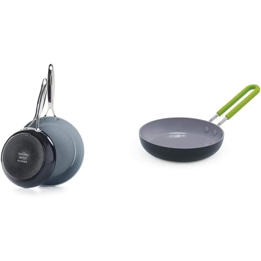 GreenPan Valencia Pro Hard Anodized Induction Safe Healthy Ceramic Nonstick, 8″ and 10″ Set, Gray & Mini Healthy Ceramic Nonstick, Round Egg Pan, 5″, Gray