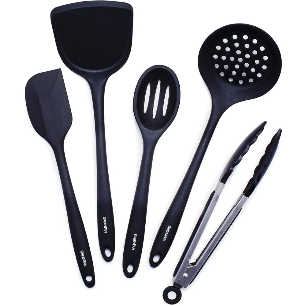 GreenPan 5 Piece Cooking Utensil Set, Flexible Nonstick Silicone, Stain-Free, Tongs, Turner, Spatula, Skimmer, and Slotted Spoon, Black