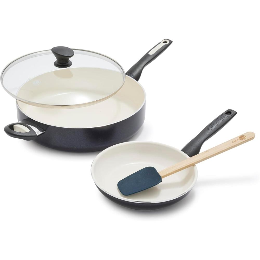 GreenPan Swift Healthy Ceramic Nonstick 10 Frying Pan Skillet, and 1QT & 2QT Saucepan Set, Stainless Steel Handle, PFAS & PFOA-Free, Dishwasher Safe, Oven Safe, Black and Gray(Black)