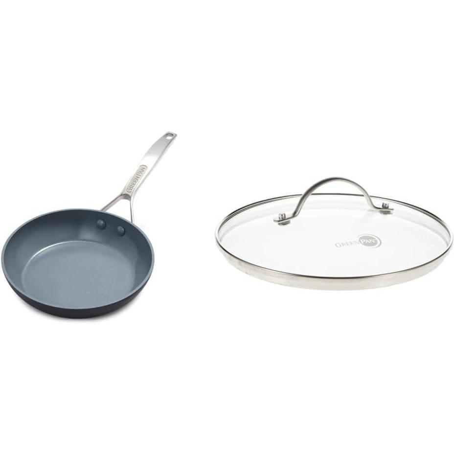GreenPan Paris Pro Hard Anodized Healthy Ceramic Nonstick, 8″ Frying Pan Skillet (Grey) Glass Lid with Stainless Steel Handle, 8″