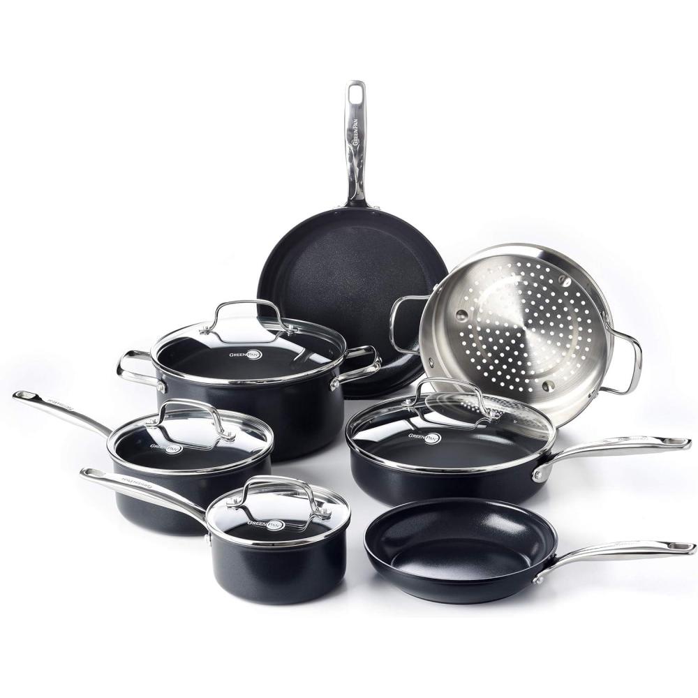 GreenPan Chatham Black Prime Midnight Hard Anodized Healthy Ceramic Nonstick 11 Piece Cookware Pots and Pans Set, PFAS-Free, Dishwasher Safe, Oven Safe, Black(11 Piece Cookware Pots and Pans Set)