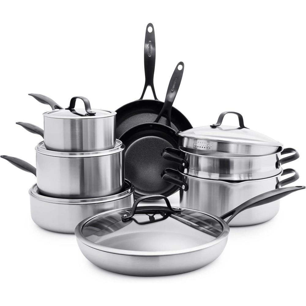 GreenPan Venice Pro Noir Tri-Ply Stainless Steel Healthy Ceramic Nonstick 12″ Frying Pan Skillet with Lid, Matte Black Handle, PFAS-Free, Multi Clad, Induction, Dishwasher Safe, Oven Safe, Silver(13 Piece)