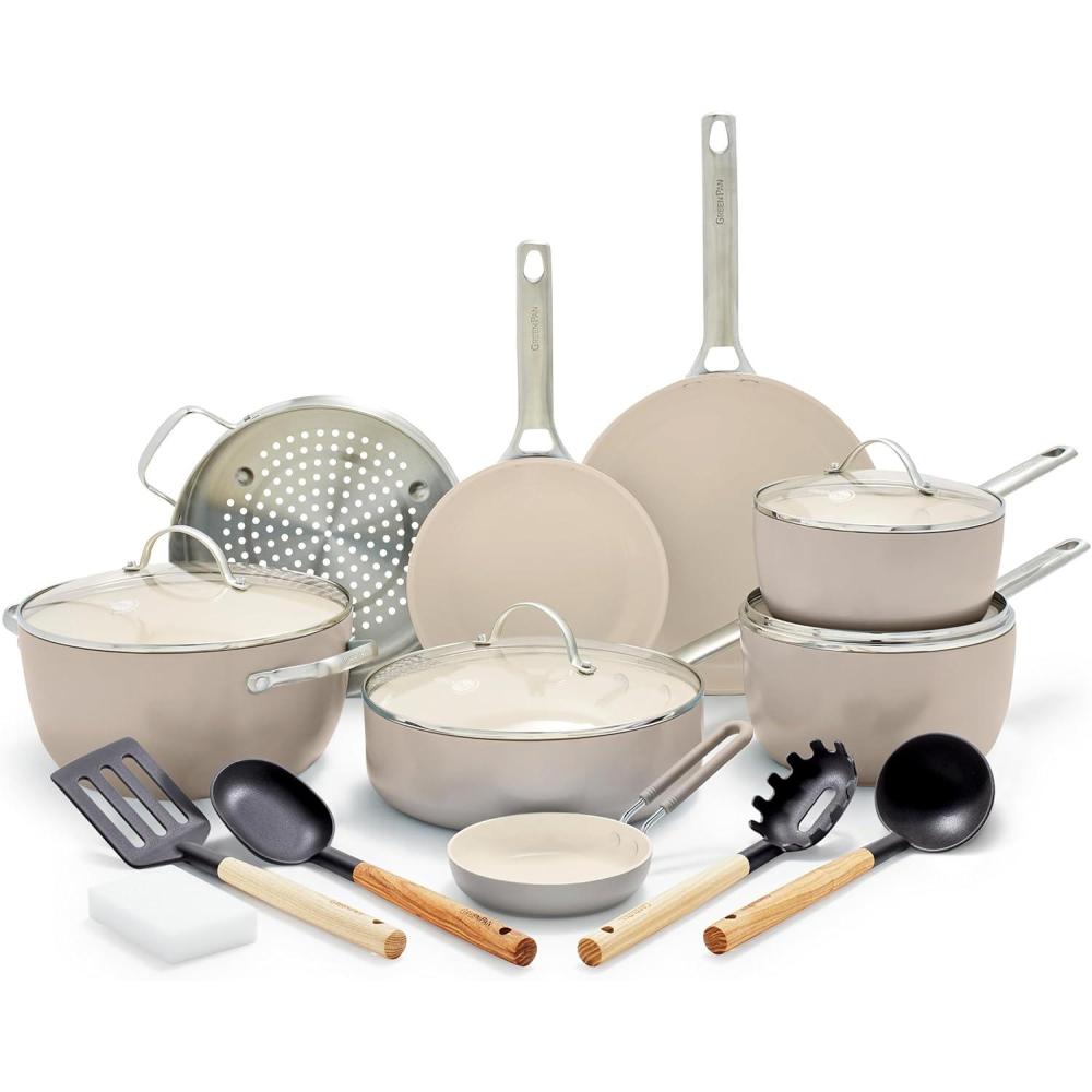 GreenPan Padova Hard Anodized Healthy Ceramic Nonstick 17 Piece Cookware Set, PFAS-Free, Induction, Dishwasher Safe, Oven Safe, Taupe(Taupe)