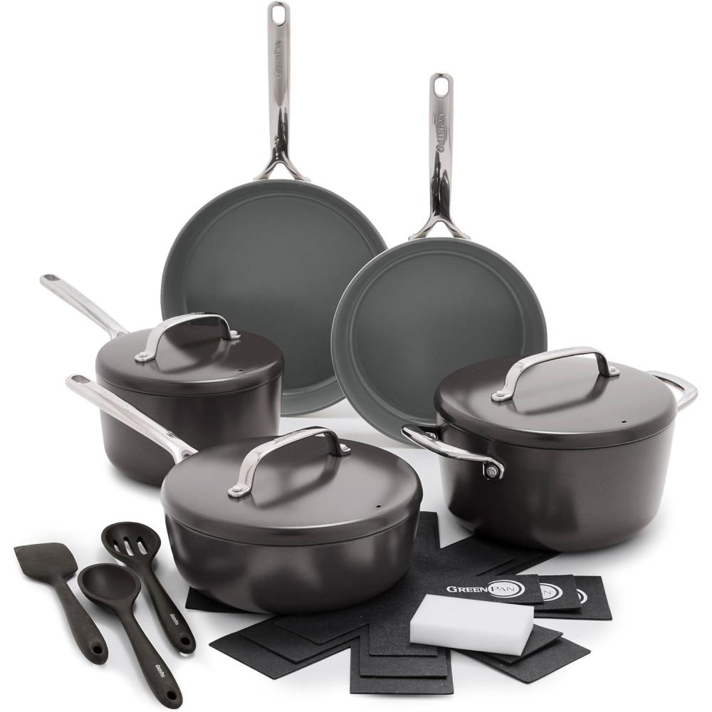 GreenPan GP5 Hard Anodized Healthy Ceramic Nonstick 14 Piece Cookware Pots and Pans Set, Induction, PFAS-Free, Heavy Gauge Stay-Flat Surface, Champagne Handles, Oven Safe, Rainforest Green(Cocoa)