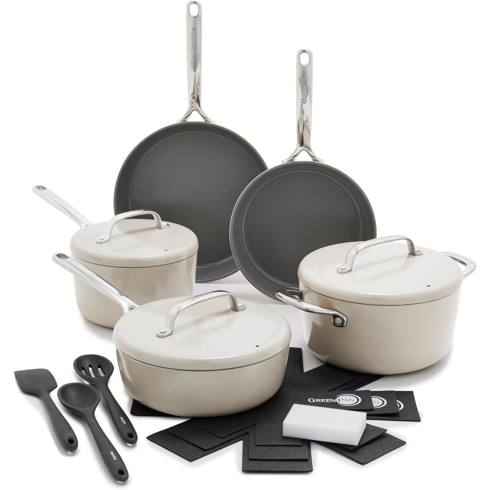 GreenPan GP5 Hard Anodized Healthy Ceramic Nonstick 14 Piece Cookware Pots and Pans Set, Induction, PFAS-Free, Heavy Gauge Stay-Flat Surface, Champagne Handles, Oven Safe, Rainforest Green(Taupe)