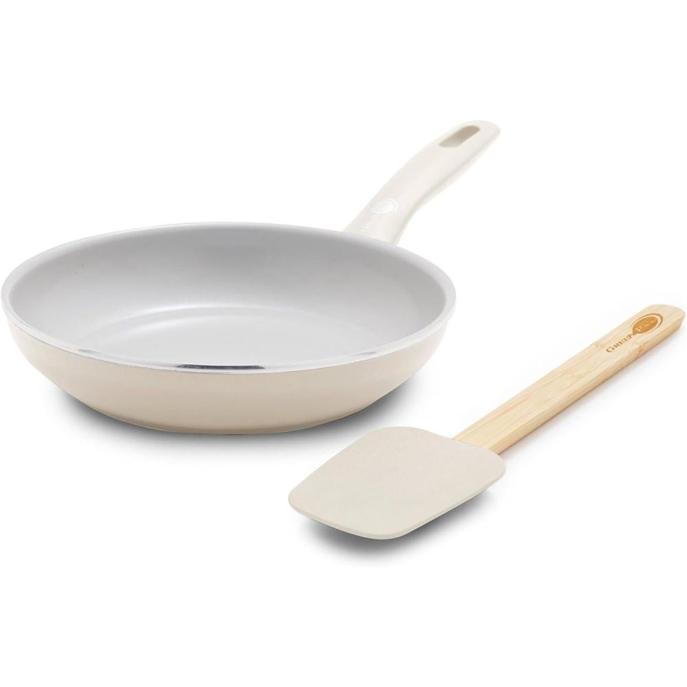 GreenPan Dover 8 Frying Pan Skillet with Spatula, Non-Toxic PFAS-Free Ceramic Nonstick Coating, Sear Saute Fry Egg Omlete, Dishwasher & Oven Safe, Stay-Cool Handle, Easy Pour Rims, Gray(Cream White)