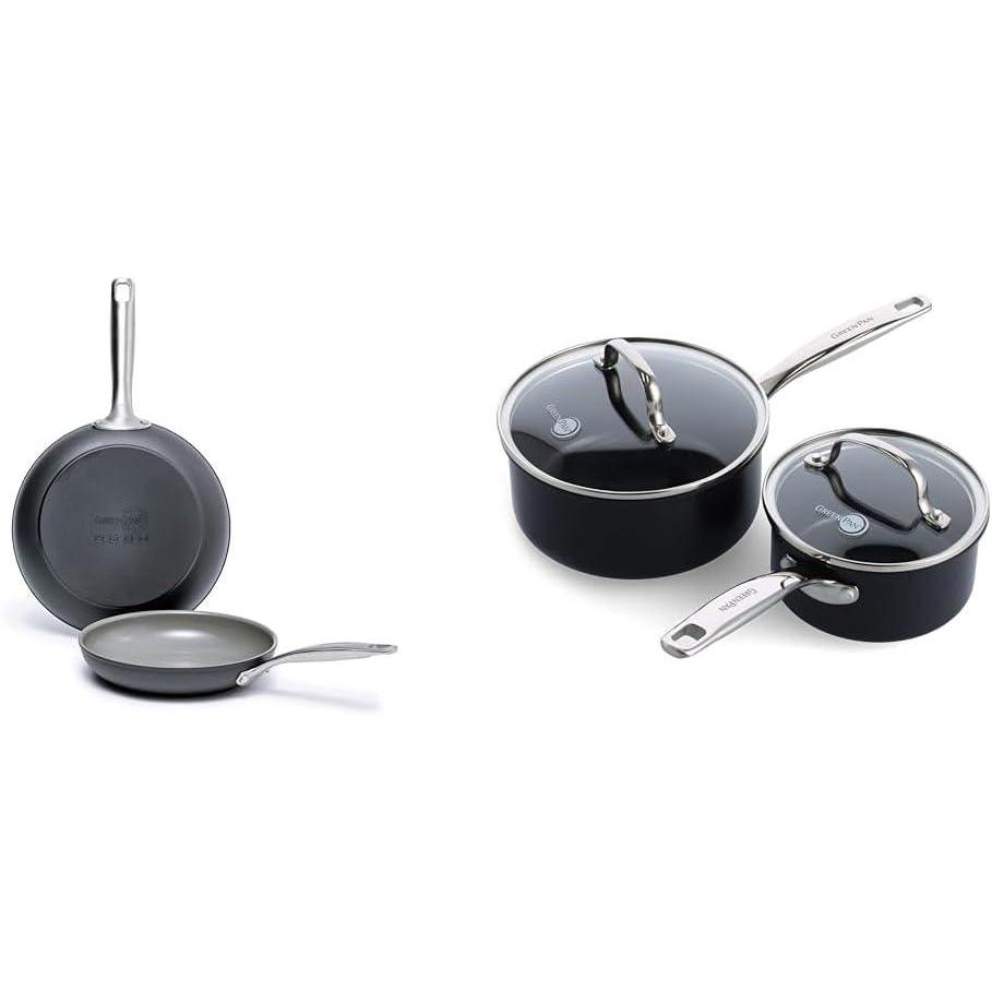 GreenPan Chatham 8″ 10″ Gray Ceramic Nonstick Skillet Set and 1QT 2QT Black Ceramic Nonstick Saucepan Pot Set