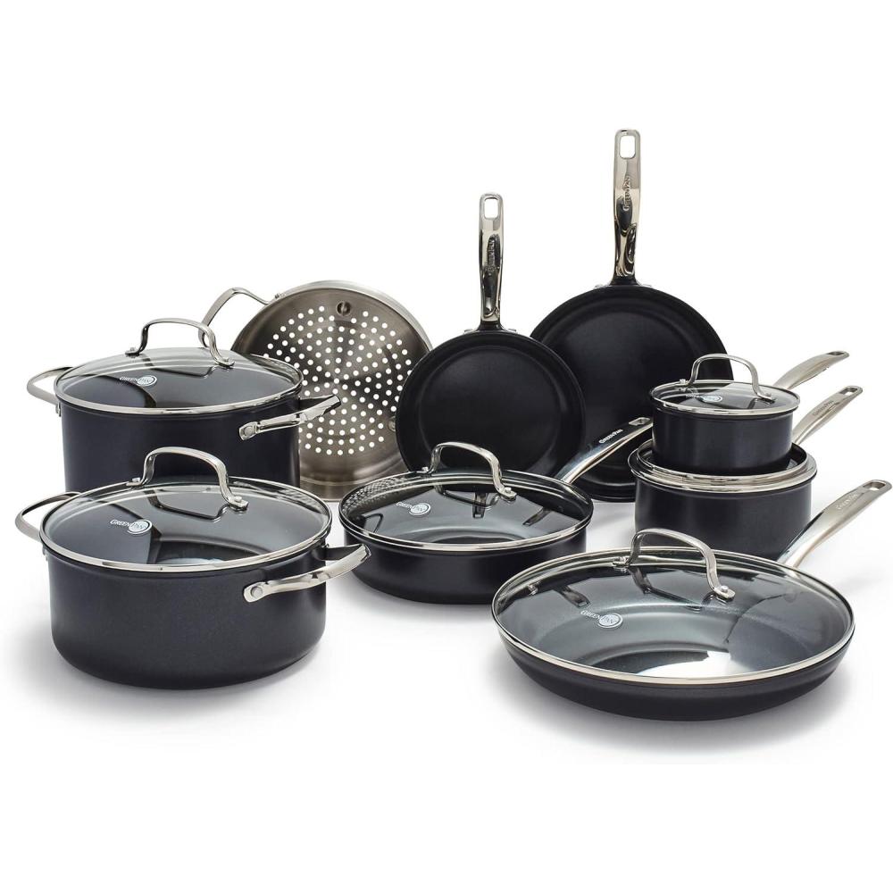 GreenPan Chatham Black Prime Midnight Hard Anodized Healthy Ceramic Nonstick 11 Piece Cookware Pots and Pans Set, PFAS-Free, Dishwasher Safe, Oven Safe, Black(15 Piece Cookware Pots and Pans Set)