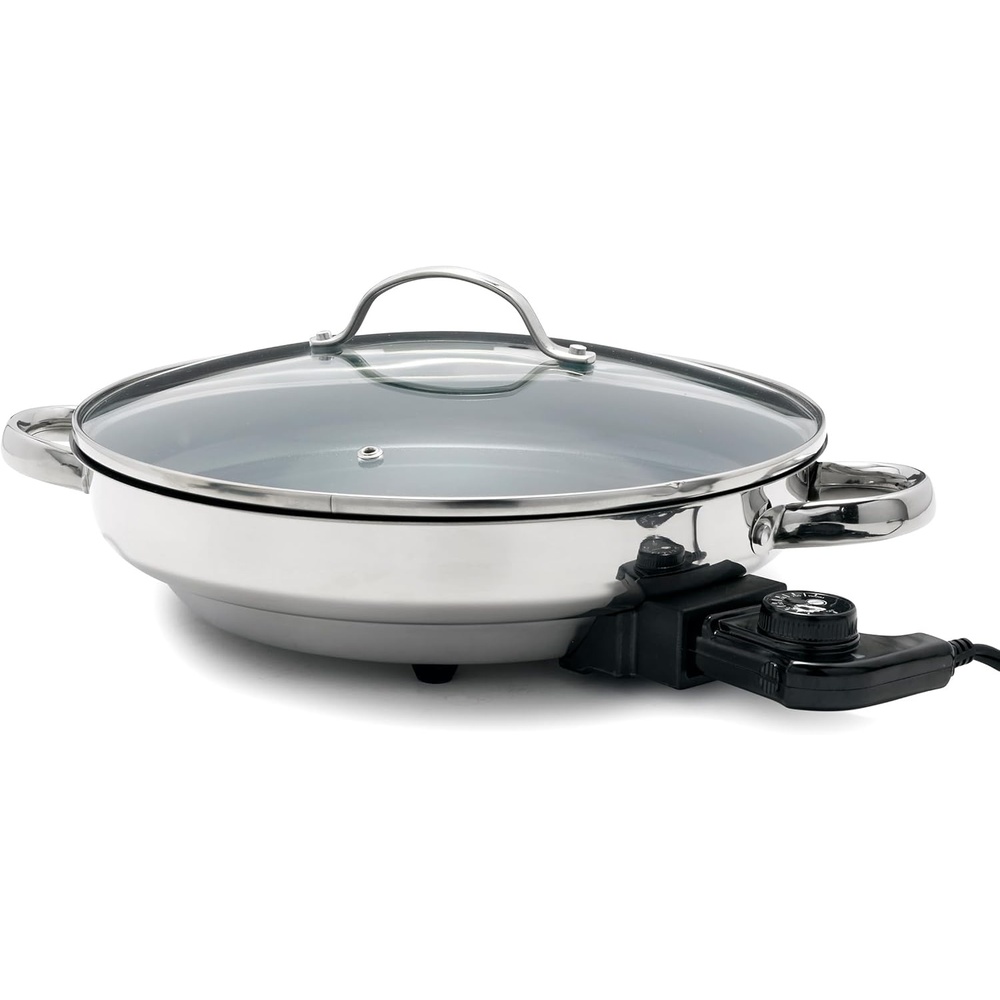 GreenPan Bistro 12″ Round Electric Skillet with Glass Lid, 3.3QT Capacity, Stainless Steel 6-in-1 Multifunction Pan, PFAS-Free Ceramic Nonstick, Temperature Dial, Dishwasher Safe
