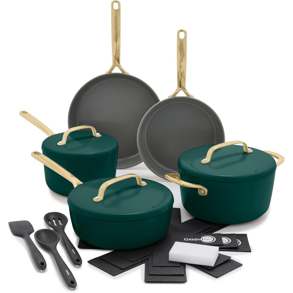 GreenPan GP5 Hard Anodized Healthy Ceramic Nonstick 14 Piece Cookware Pots and Pans Set, Induction, PFAS-Free, Heavy Gauge Stay-Flat Surface, Champagne Handles, Oven Safe, Rainforest Green(Rainforest Green)