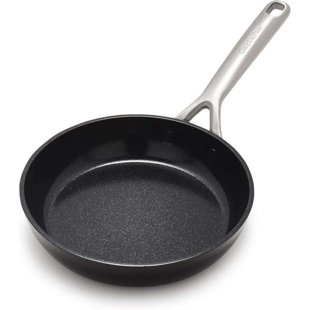 GreenPan GP5 Hard Anodized Healthy Ceramic Nonstick 14 Piece Cookware Pots & Pans Set, Heavy Gauge Scratch Resistant, Stay-Flat-Surface, Induction, Oven Safe, PFAS-Free, Black(8-Inch Frying Pan Skillet)