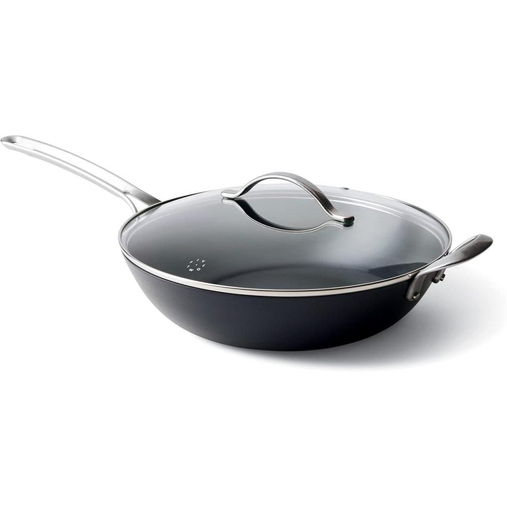GreenPan x Food 52 Five Two Essentials: Carbon Steel 12″ Wok with Foldable Rack, PFAS-Free, Multi Clad, Induction, Dishwasher Safe, Oven Safe, Black(12″ Wok)