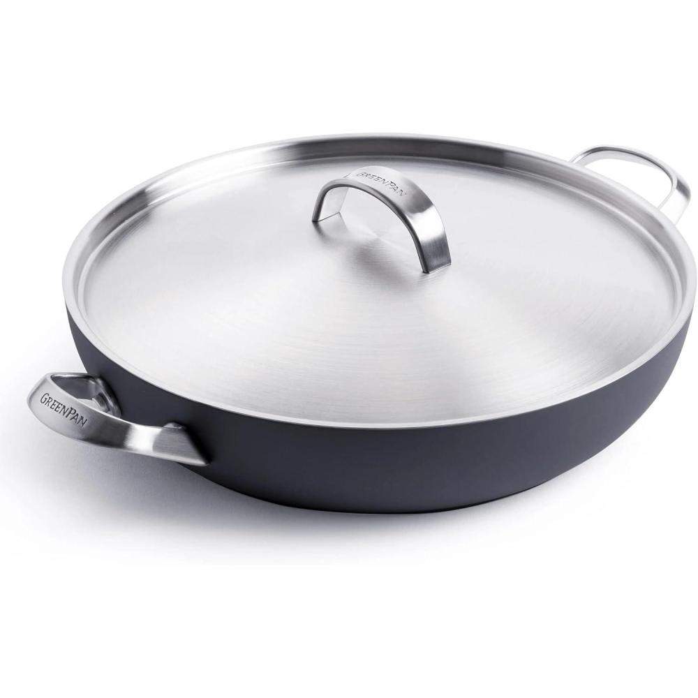 GreenPan Paris Pro Hard Anodized Healthy Ceramic Nonstick, 11″ Square Grill Pan, PFAS-Free, Dishwasher Safe, Grey(11″ Frying Pan with Two Handles)
