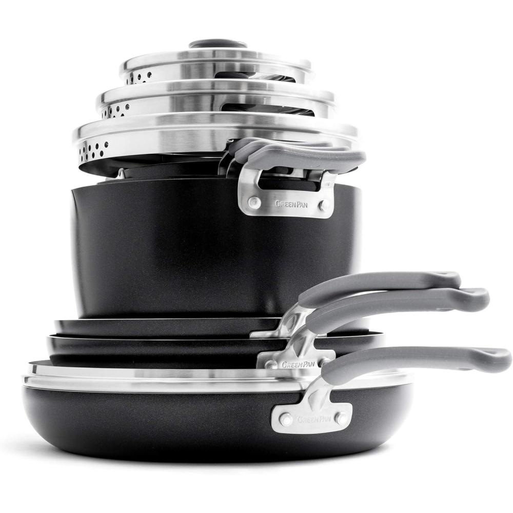 GreenPan Levels Stackable Hard Anodized Healthy Ceramic Nonstick, 6 Piece Cookware Pots and Pans Set, PFAS-Free, Dishwasher Safe, Black(10 Piece Cookware Pots and Pans Set)