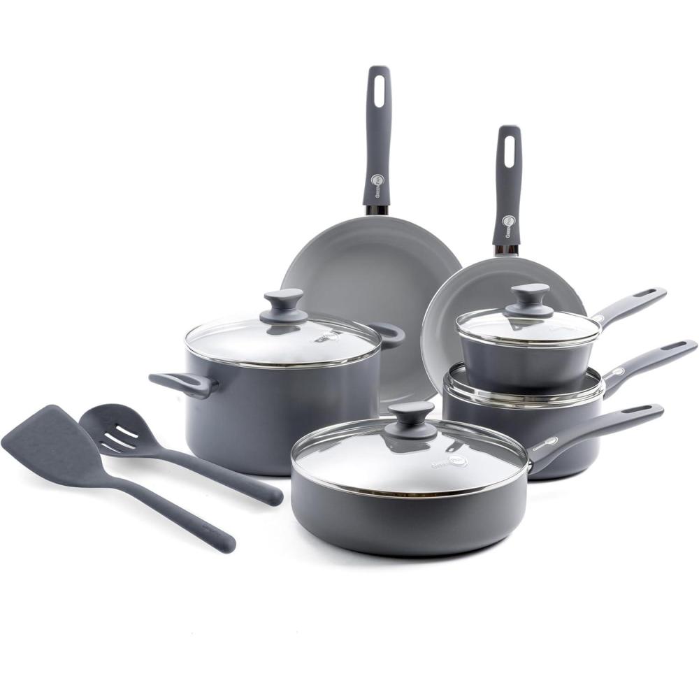 GreenPan Dover Healthy Ceramic Nonstick, 12 Piece Cookware Pots and Pans Set, PFAS-Free, Dishwasher Safe, Comfort Grip Handle, Gray(Gray)
