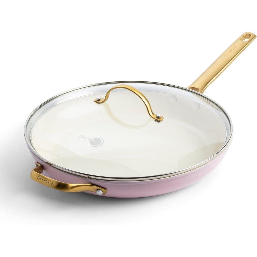 GreenPan Hard Anodized Healthy Ceramic Nonstick 12″ Frying Pan Skillet with Helper Handle and Lid, Gold Handle, PFAS-Free, Dishwasher Safe, Oven Safe, Julep Green(Blush Pink)
