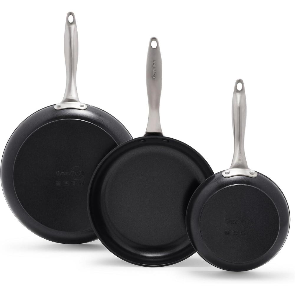 GreenPan Black 3 Piece Frying Pan Skillet Set, 8, 10, and 12, Healthy Ceramic Nonstick PFOA and PFAS-Free, Hard Anodized, Stainless Steel Handles, Oven Safe