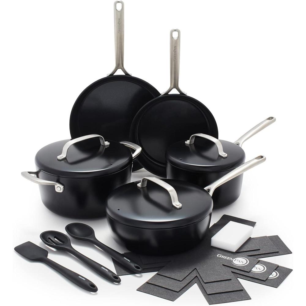 GreenPan GP5 Hard Anodized Healthy Ceramic Nonstick 14 Piece Cookware Pots & Pans Set, Heavy Gauge Scratch Resistant, Stay-Flat-Surface, Induction, Oven Safe, PFAS-Free, Black(14-Piece Cookware Pots and Pans Set)