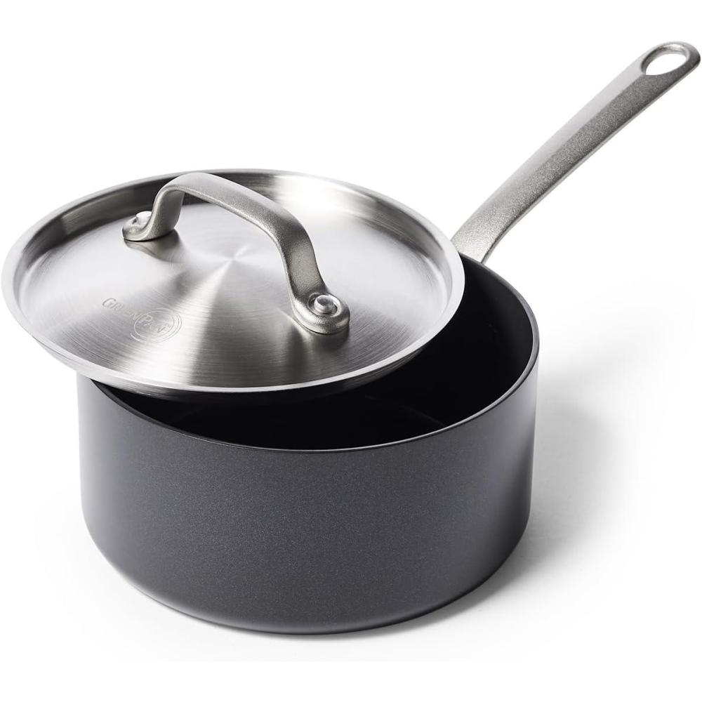 GreenPan Craft Noire 2.2 QT Saucepan with Lid, Non-Toxic PFAS-Free Hard Anodized Healthy Ceramic Nonstick, Induction Suitable, Dishwasher Safe, Black