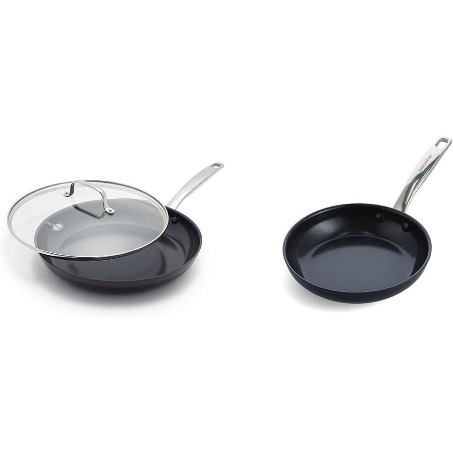 GreenPan Chatham Black Prime Midnight Hard Anodized Healthy Ceramic Nonstick, 12″ Frying Pan Skillet with Lid & Chatham Black Prime Midnight Hard Anodized Healthy Ceramic Nonstick, 8″
