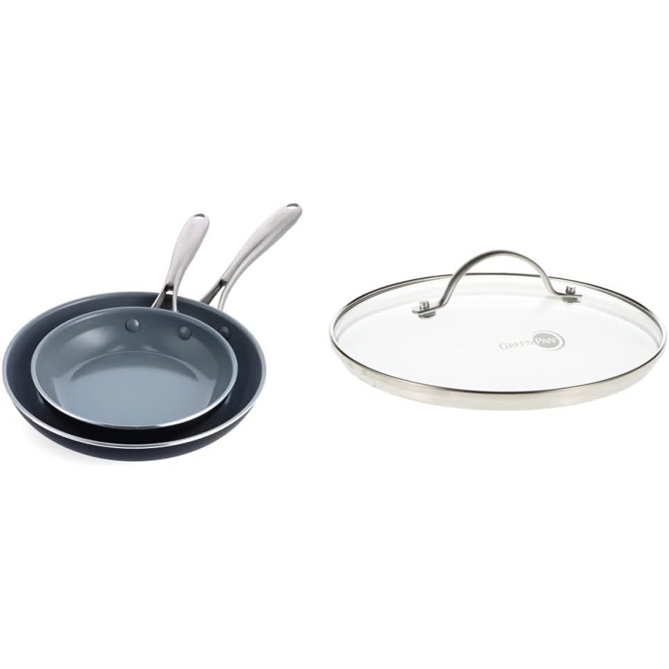 GreenPan Swift Healthy Ceramic Nonstick, 8″ and 10″ Frying Pan Skillet Set, Stainless Steel Handles, PFAS-Free, Dishwasher Safe, Oven Safe, Black & Glass Lid with Stainless Steel Handle, 8″