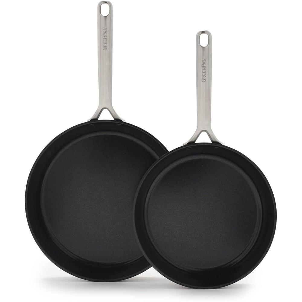 GreenPan GP5 Hard Anodized Healthy Ceramic Nonstick 14 Piece Cookware Pots & Pans Set, Heavy Gauge Scratch Resistant, Stay-Flat-Surface, Induction, Oven Safe, PFAS-Free, Black(9.5-Inch and 11-Inch Frying Pan Skillet Set)