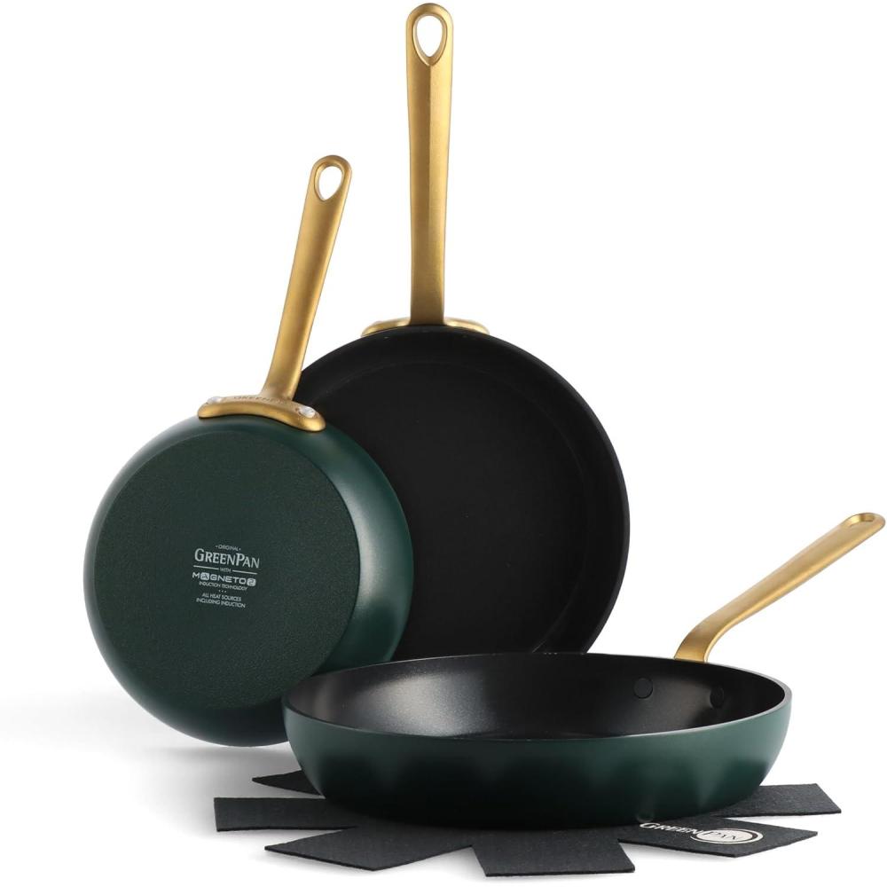 GreenPan Craft 3 Piece Frying Pan Set, 8″ 9.5″ & 11″ Skillets, PFAS-Free Ceramic Nonstick, Induction Ready Cookware, Durable Hard Anodized, Dishwasher & Oven Safe, Gold Handles, Green