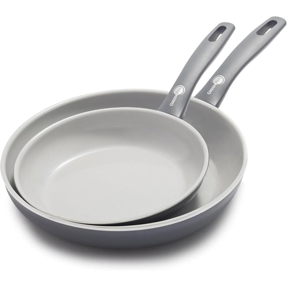 GreenPan Dover 8 10 2 Piece Frying Pan Skillet Set, Non-Toxic PFAS-Free Ceramic Nonstick Coating, Sear Saute Fry Egg Omlete, Dishwasher & Oven Safe, Stay Cool Handle, Easy Pour Rims, Cream White(Gray)