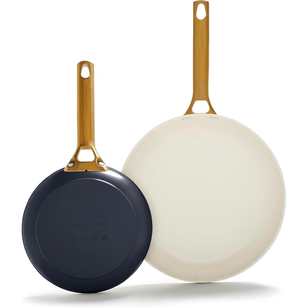 GreenPan Hard Anodized Healthy Ceramic Nonstick 10″ and 12″ Frying Pan Skillet Set, Gold Handle, PFAS-Free, Dishwasher Safe, Oven Safe, Black(Twilight Blue)