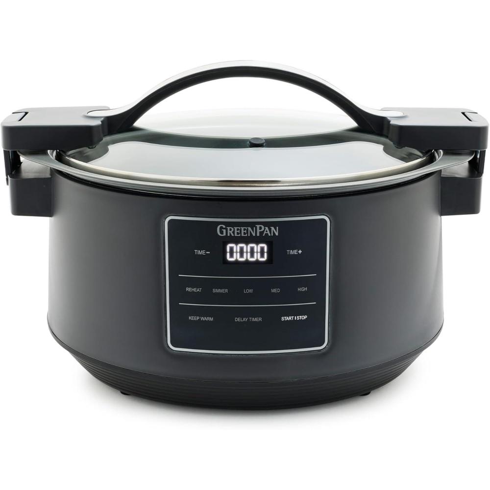 GreenPan 8QT Locking Lid Slow Cooker, Ceramic Nonstick PFAS-Free Removeable Bowl, Silicone & Glass Rim, Travel Friendly, Multi-Cooker, Stovetop Searing & Oven Safe 400°F Dishwasher Safe Parts,Graphite